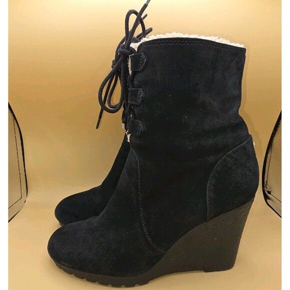Michael Kors Rory Womens Black Suede Faux Sherpa Wedge Classic Booties Size 6 M - Picture 2 of 10